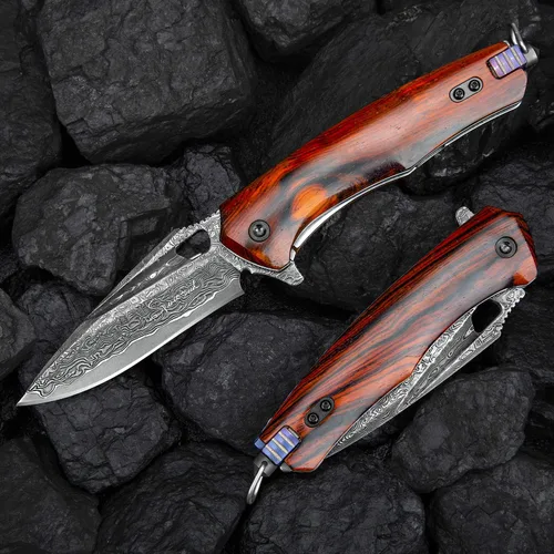 Vista 8 de Cuchillo plegable EDC multifuncional de acero de Damasco con clip de bolsillo autoensamblable, cierre de revestimiento, funda de cuero, cuchillo