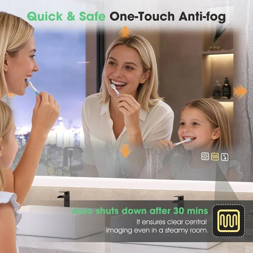 Vista 2 de S'bagno Espejo de baño LED de 32 x 24 pulgadas con luces, altavoz Bluetooth, antivaho e impermeable, espejo de pared regulable con control táctil, 3