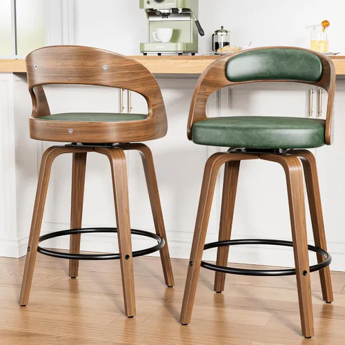 Vista 19 de YaFiti Taburetes de bar, taburetes de bar de 26 pulgadas de altura de mostrador con patas de madera curvada, taburetes giratorios con respaldo