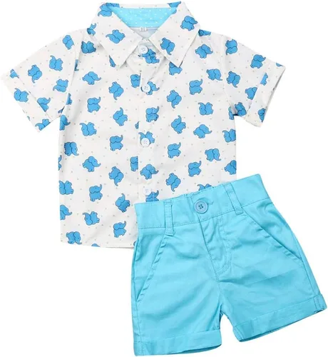 Vista 74 de Conjunto de camisa de manga corta con botones y pantalones cortos casuales con diseño de flamingo, para bebés y niños de 1 a 6 años, atuendos