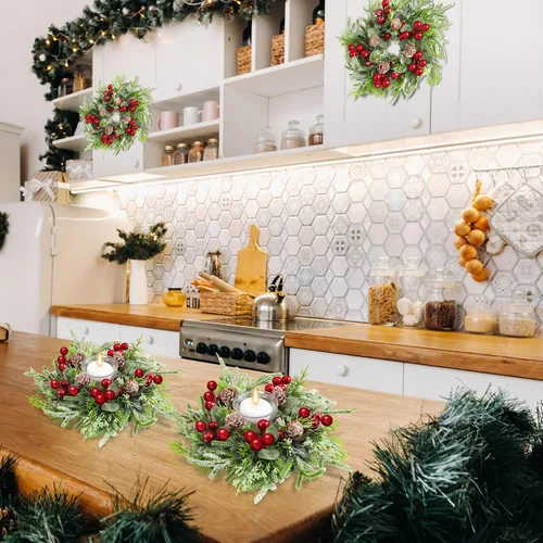Vista 6 de 4 piezas de corona de anillo de vela de Navidad pequeño armario de cocina decoración de mesa