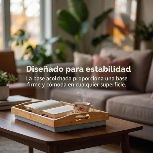 Vista 7 de Cedilis Bandeja de regazo de bambú con almohada desmontable, bandeja de servir de 16.9 x 13 pulgadas con asas para comer en la cama