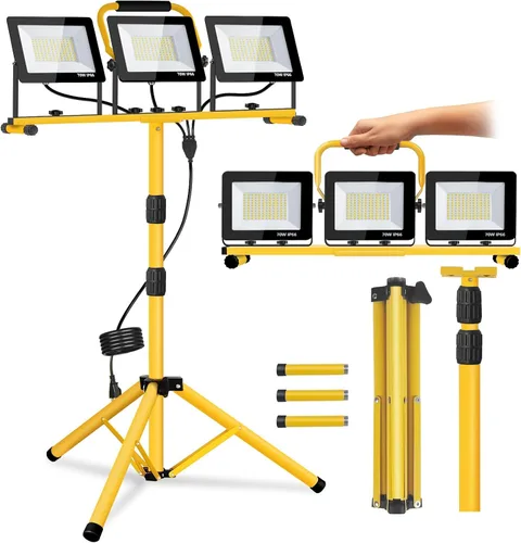Vista 8 de Luces de trabajo con soporte, 21000 lúmenes, 2 cabezales ajustables, luces de trabajo LED, con soporte de trípode ajustable y plegable, lámpara