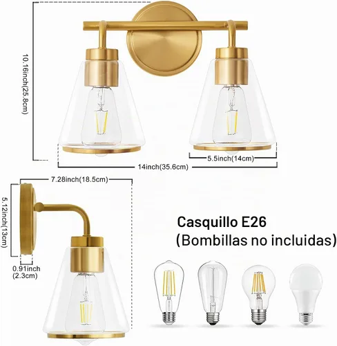 Vista 7 de Lámparas modernas de tocador de baño de 14 pulgadas con 2 luces de oro cepillado sobre espejo Dorado