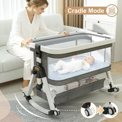 Vista 6 de Moisés de bebé 3 en 1, moisés de noche para bebé, moisés portátil con mosquitera y cesta de almacenamiento, moisés mecedora ajustable de 6 alturas