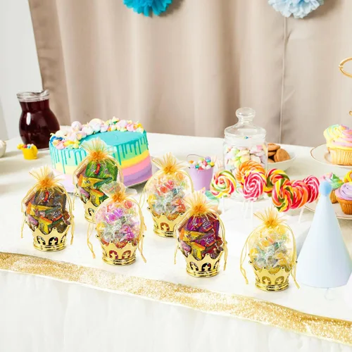 Vista 5 de Noamus Paquete de 30 coronas rellenables con bolsa, copa de plástico dorada con bolsas con cordón, cajas de almacenamiento decorativas para dulces