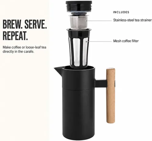 Vista 4 de Thermal Coffee Carafe 40 Oz Insulated with Tea Infuser, Stainless Steel Negro