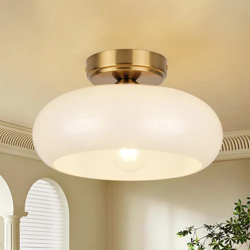 Vista 10 de Lámpara de techo de vidrio de leche blanca, iluminación de montaje al ras de 13.8 pulgadas para dormitorio, pasillo, cocina y comedor, diseño