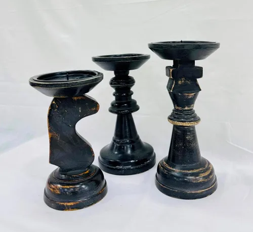 Vista 3 de Portavelas de madera negros para velas de pilar, portavelas de madera de granja, decoración de centro de mesa, portavelas con forma de piezas