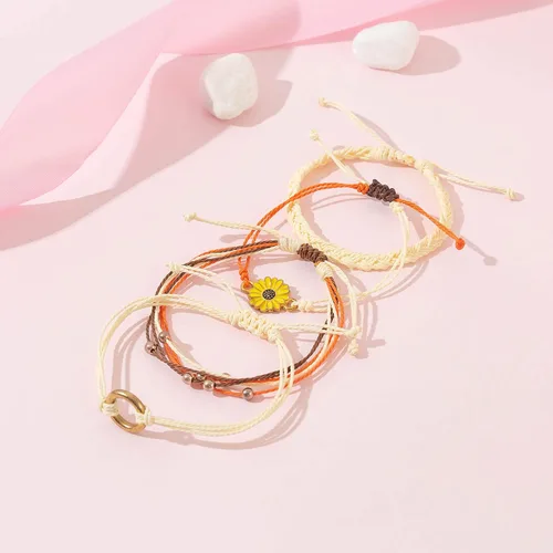 Vista 6 de Pulsera de cuerda trenzada hecha a mano con diseño de girasol para adolescentes y mujeres Beige