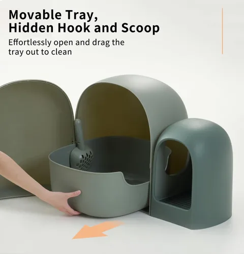 Vista 3 de MS!MAKE SURE Caja de arena para gatos MAX, caja de arena cerrada con cuchara, elegante y funcional para gatos de interior, té con leche
