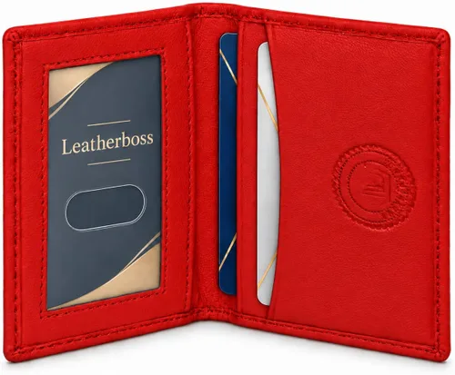 Vista 12 de Leatherboss Cartera Bifold Delgada de Cuero Genuino Porta Tarjetas de Crédito, Débito e ID Compacta y Elegante con Ventanas Transparentes