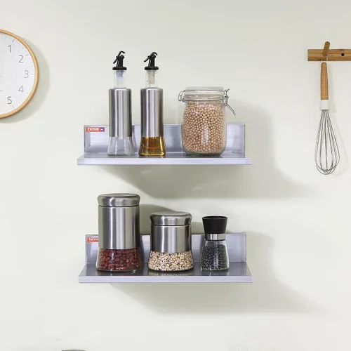 Vista 2 de VEVOR Estante de pared de acero inoxidable, 8.6 x 16 pulgadas, paquete de 2 con protector contra salpicaduras, soporta 44 libras, ideal para cocina