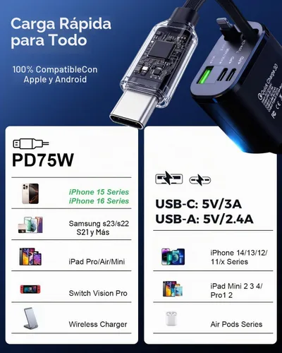 Vista 4 de Cargador de coche rápido 5 en 1 con puertos USB-A y USB-C, carga de alta velocidad de 75 W, cables retráctiles USB-C y Lightning, compatible