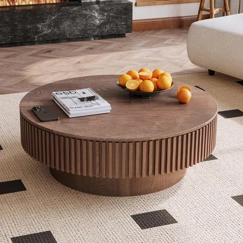 Vista 13 de Mesa de centro redonda acanalada de 31.49 pulgadas para sala de estar, mesa de café moderna de mediados de siglo con pedestal resistente, mesa