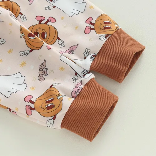 Vista 7 de Conjunto de sudadera de manga larga con estampado de calabaza y pantalones de Halloween para bebé, 2 piezas, ropa de otoño e invierno