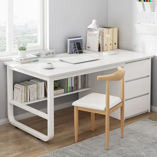 Vista 9 de Escritorio para computadora con estantería y 3 cajones, escritorio de estudio, escritorio de estudio para estudiantes, mesa de estudio moderna