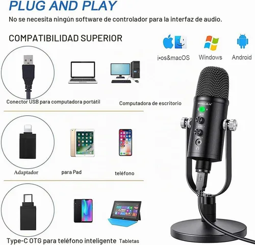 Vista 3 de Kit de micrófono de condensador USB con soporte de escritorio y adaptadores para teléfono Plug-and-play podcast mic kit for PC and phone, for