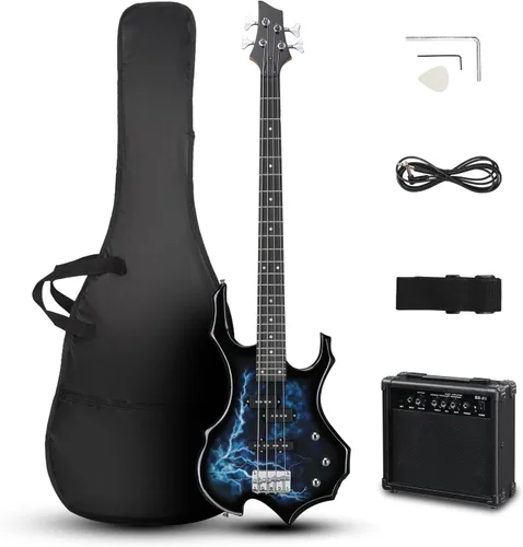 Vista 9 de Ktaxon - Kit de bajo eléctrico, tamaño completo, diseño de llama, color negro Full Equipment with 20 Watt Amplifier, Portable Bass Bag, Superior