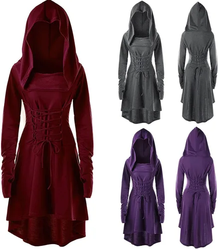 Vista 7 de Xdegoge Disfraz renacentista con capucha para mujer, para Halloween, steampunk, ropa gótica, vestido con capucha medieval