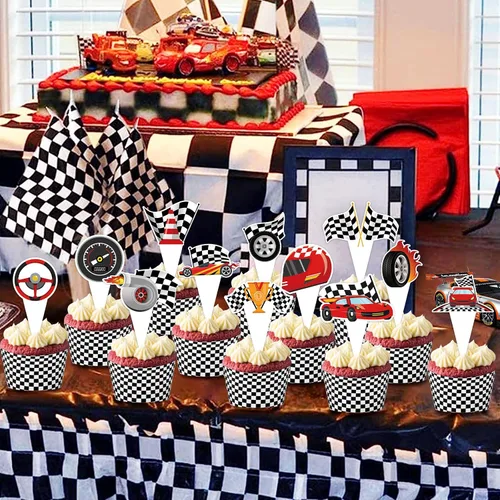 Vista 4 de 48 paquetes de toppers y envolturas de cupcakes de coche de carreras, decoración de pastel de fiesta de carreras con temática de carreras y cuadros