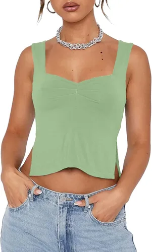 Vista 4 de GTETKDE Camiseta sin mangas para mujer, sin espalda, ajustada, sexy, plisada, cuello corazón, tirantes, Y2K, con aberturas, chaleco Cami