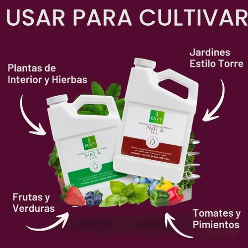 Vista 4 de ENVY Alimento hidropónico para plantas A y B - Nutrientes líquidos de dos partes para plantas de interior/exterior - Suelo, Coco, Hidroponía, DWC
