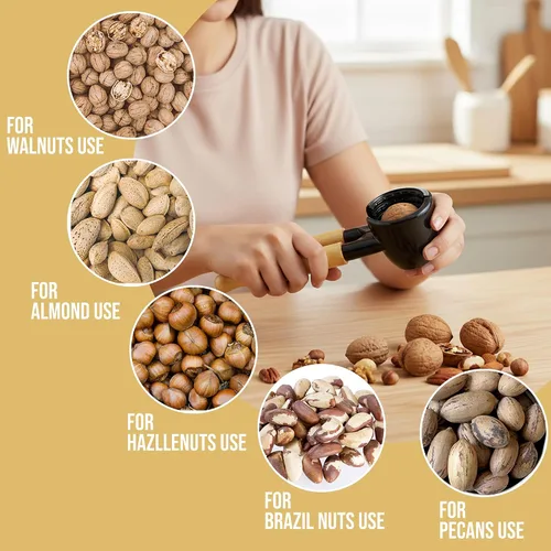 Vista 6 de Iconikal Cascanueces de cuerpo metálico resistente con mango de madera, negro y arce - fácil cascanueces para nueces, almendras, pecanas