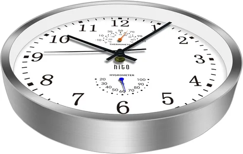 Vista 9 de HITO Reloj de pared silencioso de 10 pulgadas, funciona con pilas, sin tictac, cubierta de vidrio, marco de aluminio plateado, para decoración