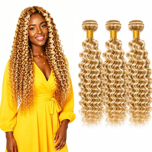 Vista 244 de P4613 Cabello humano rizado onda profunda marrón y paquetes mixtos 8 10 12 P4613 Ombre Marrón-Rubio-DP