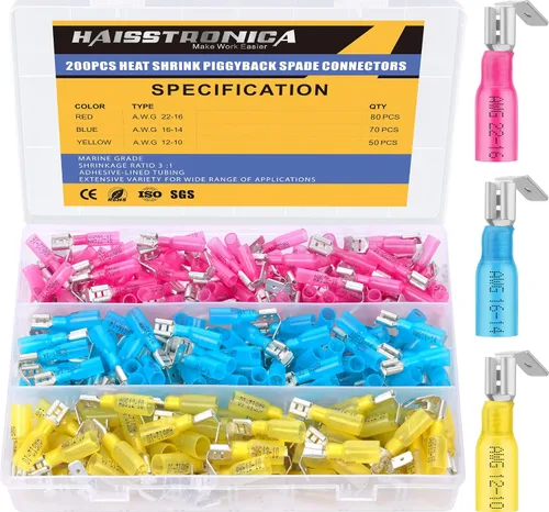 Vista 14 de haisstronica 100 conectores de pala termorretráctiles, AWG 22-10, conectores de cable de desconexión rápida, terminales de pala hembra y macho