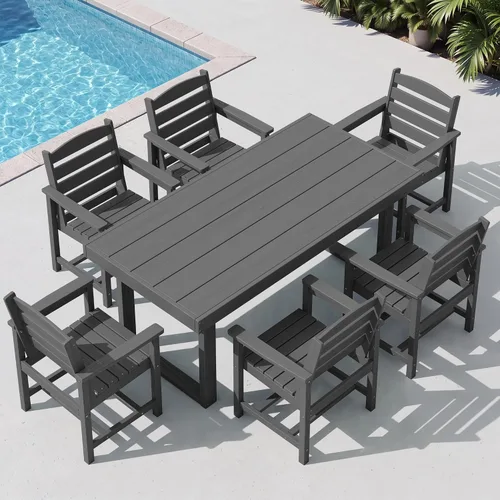 Vista 15 de SERWALL HDPE - Juego de comedor al aire libre para 4, 67 pulgadas, para todo tipo de clima, mesa de comedor y sillas sin brazos para terraza Negro