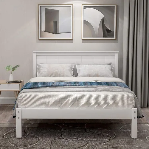 Vista 3 de Elegante cama de plataforma de tamaño individual con cabecero, base de cama de plataforma de madera maciza con soporte de listones de madera