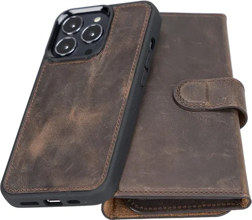 Vista 5 de Bayelon Funda compatible con iPhone 13 Pro, billetera de cuero triple de grano completo [2 en 1], funda magnética desmontable con ranuras