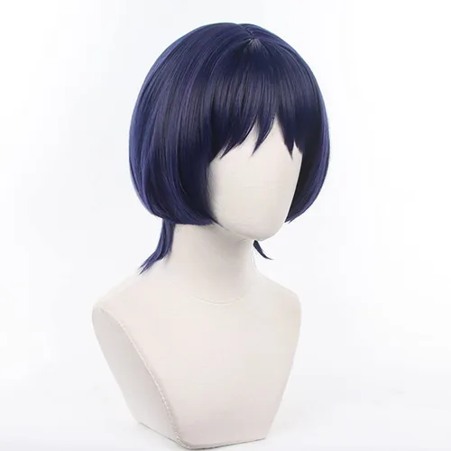 Vista 3 de XiongXiongLe Peluca de cosplay de Scaramouche azul para hombre, pelucas de repuesto de pelo corto y lacio + gorra para niños, juego Genshin Impact
