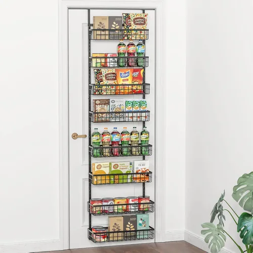 Vista 2 de Organizador de despensa sobre la puerta, cestas de metal ajustables de 8 niveles, estante de especias colgante, negro