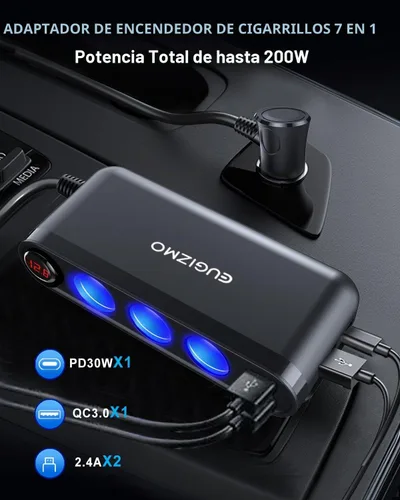 Vista 4 de Eugizmo - Divisor de encendedor de cigarrillos 7 en 1, adaptador de enchufe de cargador de coche de 200 W