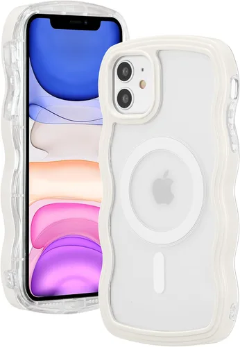Vista 12 de ZCDAYE Funda magnética para iPhone 11, bonita funda con marco de ondas rizadas compatible con carga inalámbrica, funda protectora transparente