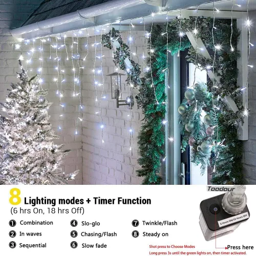 Vista 4 de Toodour Luces de Carámbanos de Navidad para Exteriores, 360 LED 29.5 pies 8 Modos Luces de Hada de Carámbanos en Cadena con 60 Gotas, Luces LED