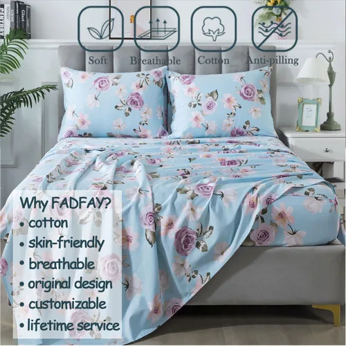 Vista 2 de FADFAY Juego de sábanas tamaño King, sábanas de algodón percal rosa floral con bolsillo profundo, ropa de cama vintage lujosa azul con estampado