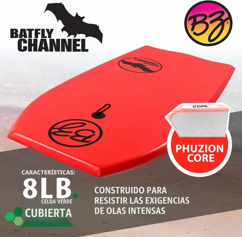 Vista 3 de BZ Batfly Channel 41.5" Body Board con correa en espiral (elige azul, amarillo o rojo)