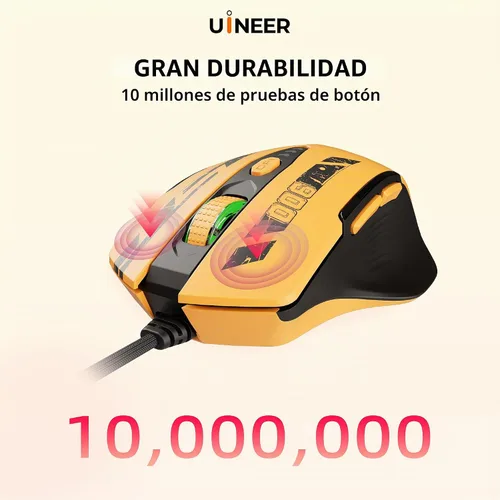 Vista 6 de Uineer Ratón para juegos con cable, ratón USB-A con 6 botones programables 2-Amarillo