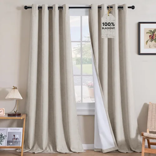 Vista 88 de H.VERSAILTEX Cortinas 100% opacas con aislamiento térmico, texturizadas, de lino, con bloqueo completo de calor y luz, para sala de estar y Negro