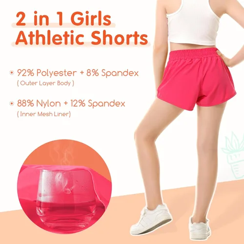 Vista 2 de Pantalones cortos deportivos para niñas, de secado rápido, con bolsillo con cremallera, para adolescentes y niños, pantalones cortos deportivos