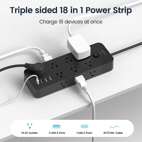 Vista 2 de Regleta de protección contra sobretensiones con puertos USB, 14 salidas de CA con 4 puertos USB (1 USB C), cable de 5 pies con múltiples tomas, 1875