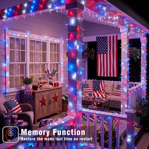 Vista 4 de Tira de luces rojas, blancas y azules, 66 pies, 200 luces LED para el 4 de julio, impermeables, con 8 modos, tira de luces conectables al aire libre