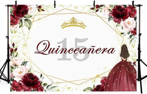 Vista 3 de Telón de fondo de feliz cumpleaños número 15 de 7 x 5 pies para niña, quinceañera, fondo de flores rojas burdeos, corona dorada, decoración