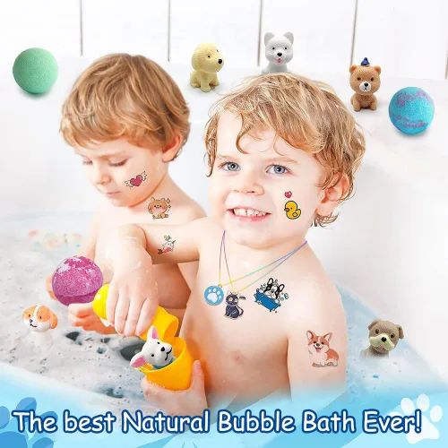 Vista 9 de Bombas de baño para niños con sorpresa interior para niñas, niños y bebés, paquete de 20 bombas de baño orgánicas para niños con muñecos de cachorro