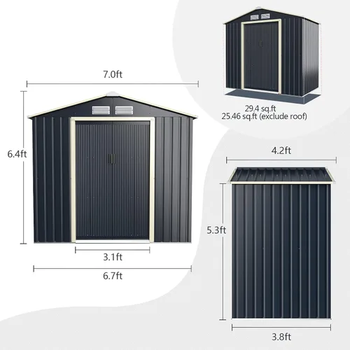 Vista 6 de Goplus Cobertizo de almacenamiento, organizador de metal de 7 x 4 pies, para exteriores, con 4 rejillas de ventilación y doble puerta corrediza
