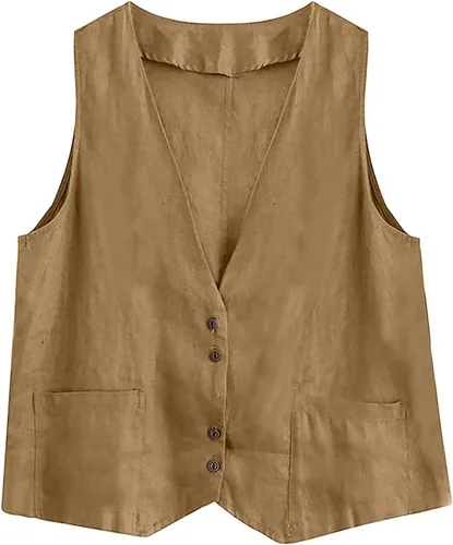 Vista 28 de COTECRAM Chaleco de lino de algodón para mujer, casual, sin mangas, con botones, ligero, para verano, holgado, ropa de abrigo